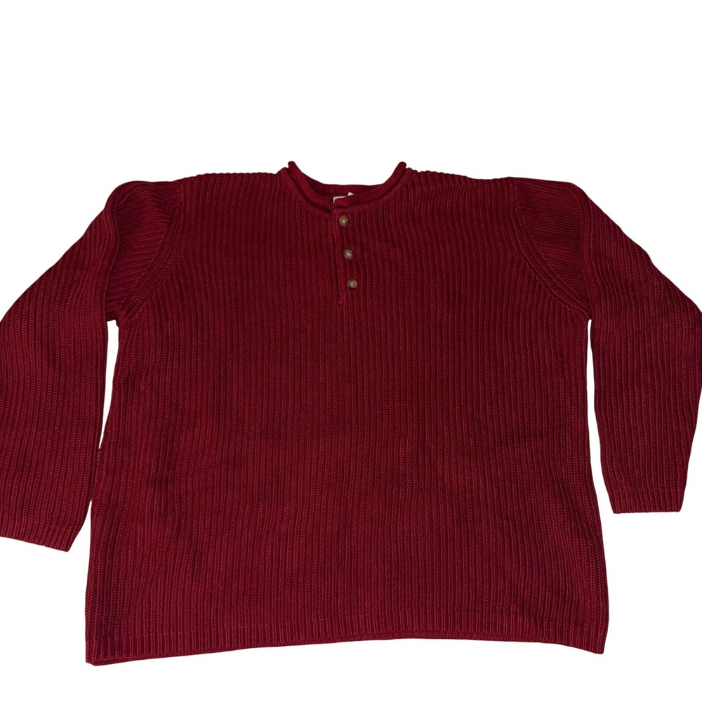 Men's Burgundy Orange Cotton Knit Henley Sweater Button Neck Pullover